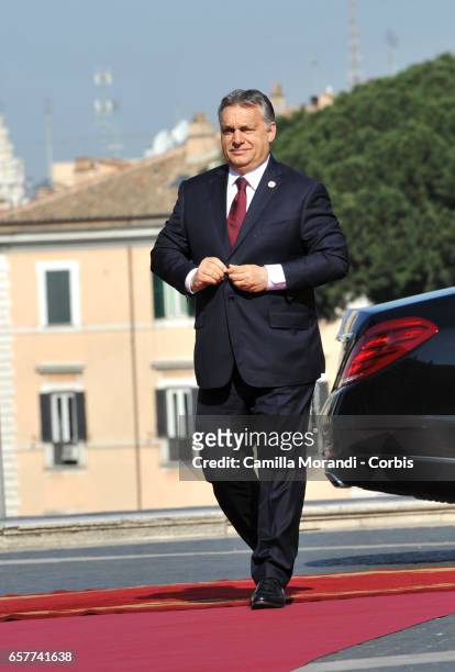 Hungary's Prime Minister Viktor Orban arrives at the Capitole Hill ahead of a special summit of EU leaders to mark the 60th anniversary of the bloc's...