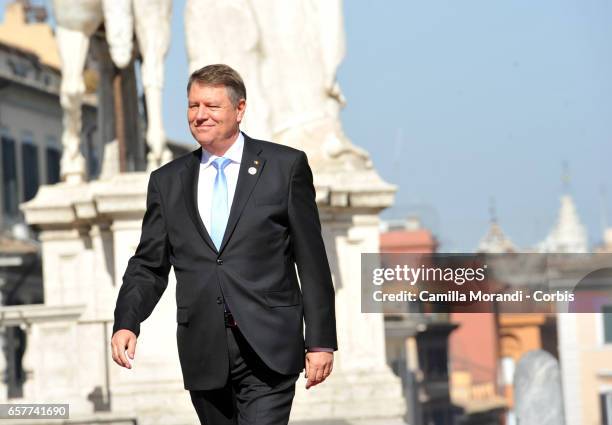 President of Romania Klaus Werner Iohannis arrives at the Capitole Hill ahead of a special summit of EU leaders to mark the 60th anniversary of the...