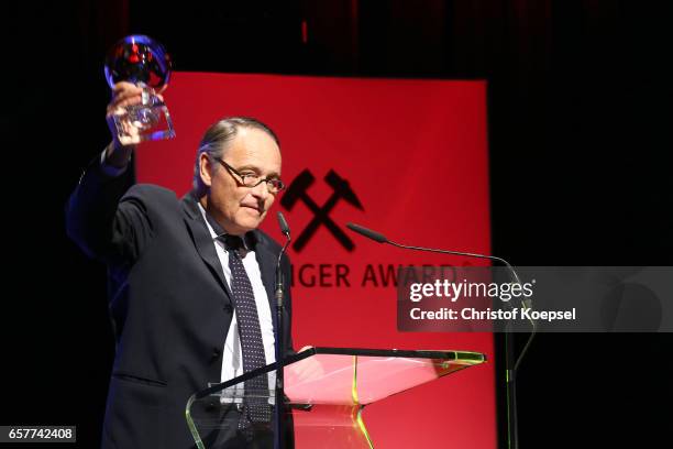 Gero von Boehm speaks after winning the media award during the Steiger Award on at Coal Mine Hansemann "Alte Kaue" March 25, 2017 in Dortmund,...