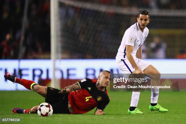 Kostas Manolas of Greece and Radja Nainggolan of Belgium battle for the ball during the FIFA 2018 World Cup Group H Qualifier match between Belgium...