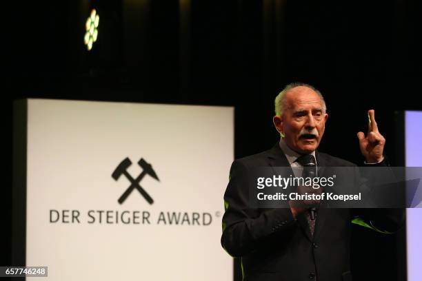Moderator Werner Hanach speaks during the Steiger Award at Coal Mine Hansemann "Alte Kaue" on March 25, 2017 in Dortmund, Germany.