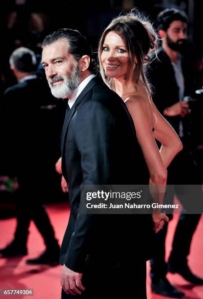 Nikole Kimpel and Antonio Banderas attends photocall during of the 20th Malaga Film Festival on March 25, 2017 in Malaga, Spain.
