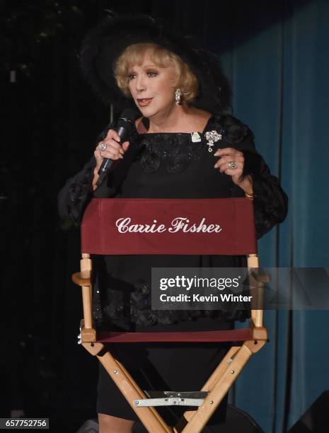 Actress Ruta Lee speaks onstage at Debbie Reynolds and Carrie Fisher Memorial at Forest Lawn Cemetery on March 25, 2017 in Los Angeles, California.