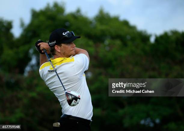 Chris Stroud plays his tee shot on the 18th hole during the third round of the Puerto Rico Open at Coco Beach on March 25, 2017 in Rio Grande, Puerto...