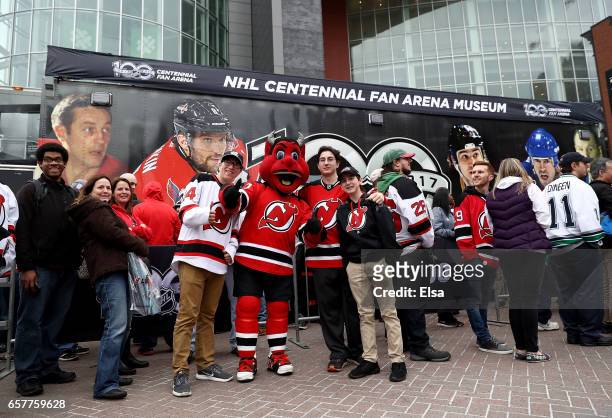 The NHL celebrates 100 years with the NHL Centennial Truck tour open to fans before the game between the New Jersey Devils and the Carolina...