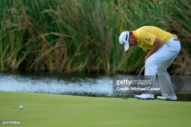 Points reacts after missing his birdie putt on the 17th green during the third round of the Puerto Rico Open at Coco Beach on March 25, 2017 in Rio...