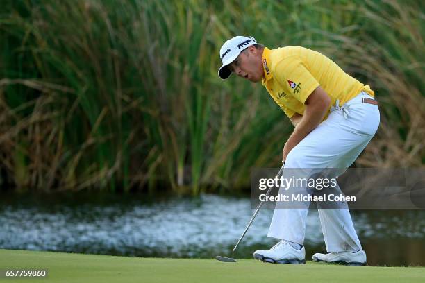 Points reacts after missing his birdie putt on the 17th green during the third round of the Puerto Rico Open at Coco Beach on March 25, 2017 in Rio...