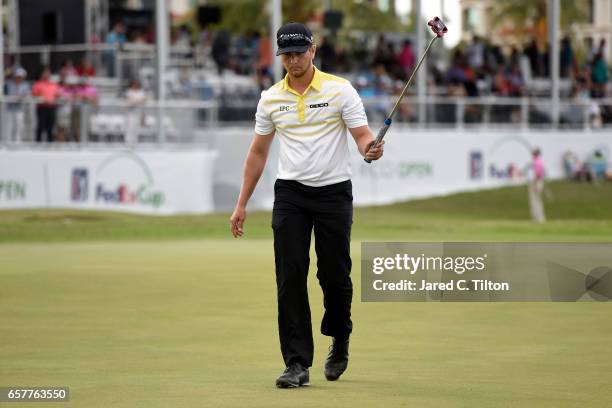 Chris Stroud reacts after making his birdie putt on the 18th hole during the third round of the Puerto Rico Open at Coco Beach on March 25, 2017 in...