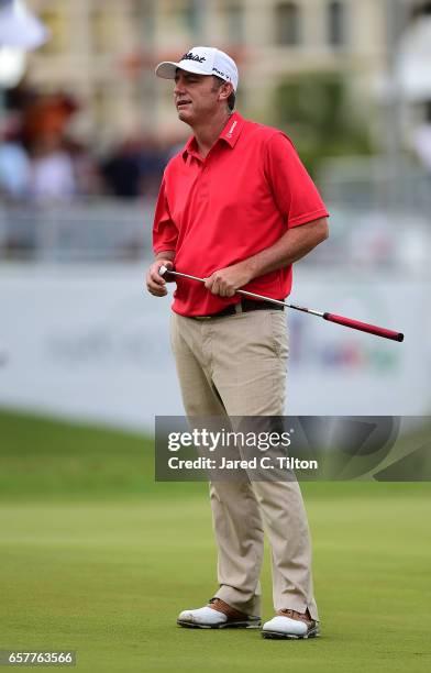 Bill Lunde reacts after missing his putt on the 18th green during the third round of the Puerto Rico Open at Coco Beach on March 25, 2017 in Rio...