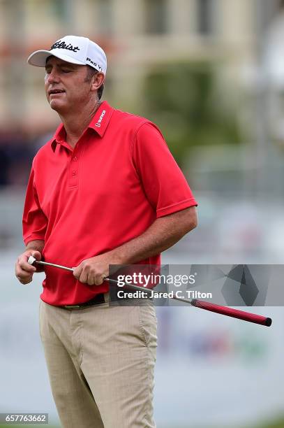 Bill Lunde reacts after missing his birdie putt on the 18th green during the third round of the Puerto Rico Open at Coco Beach on March 25, 2017 in...