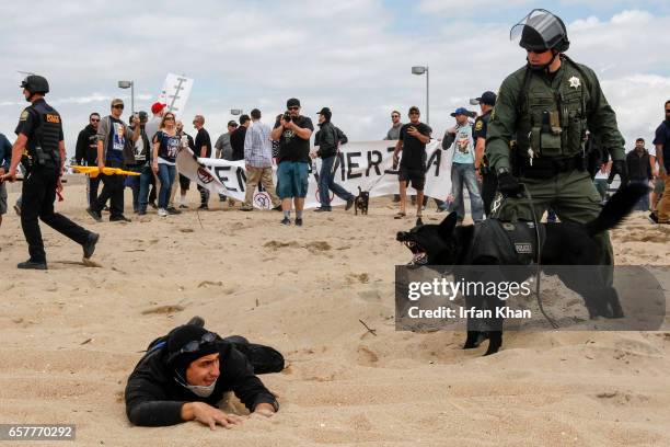 Scuffle breaks out between Pro-Trump and Anti-Trump protestors during Make America Great Again March on March 25, 2017 in Huntington Beach. According...