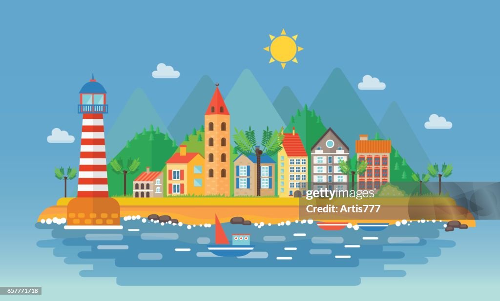 Ilustración Del Paisaje Urbano De La Pequeña Ciudad Paisaje Urbano De Dibujos Animados En El Fondo De Las Montañas Cerca De La Playa Del Mar Pueblo Portuario Ilustración de stock - Getty Ilustración Del Paisaje Urbano De La Pequeña Ciudad Paisaje Urbano De Dibujos Animados En El Fondo De Las Montañas Cerca De La Playa Del Mar Pueblo Portuario Ilustración de stock - Getty
