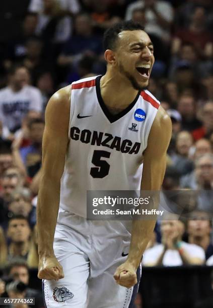 Nigel Williams-Goss of the Gonzaga Bulldogs reacts in the first half against the Xavier Musketeers during the 2017 NCAA Men's Basketball Tournament...