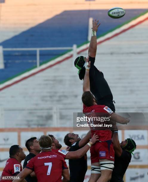 Lucas Noguera Paz, of Jaguares, wins a lineout ball during the Super Rugby Rd 5 match between Jaguares and Reds at Jose Amalfitani Stadium on March...