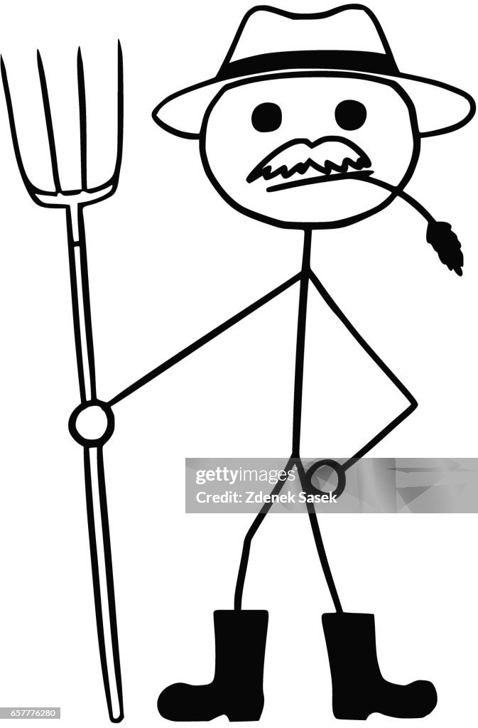 Dibujos Animados De Stickman Vector De Campesino Con Sombrero Y Tridente  Ilustración de stock - Getty Images