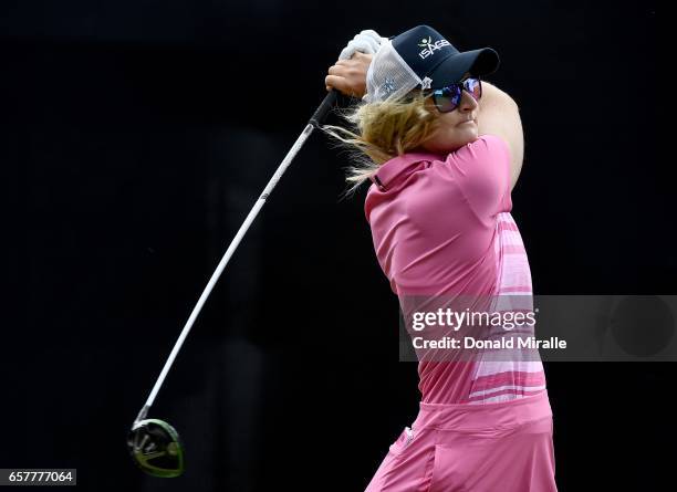 Anna Nordqvist of Sweden tees off the 1st hole during Round Three of the KIA Classic at the Park Hyatt Aviara Resort on March 25, 2017 in Carlsbad,...