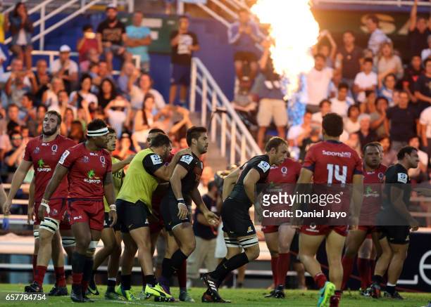 Players of Jaguares celebrate after scoring a try during the Super Rugby Rd 5 match between Jaguares and Reds at Jose Amalfitani Stadium on March 25,...