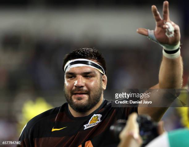 Ramiro Herrera, of Jaguares, greets fans at the end of the Super Rugby Rd 5 match between Jaguares and Reds at Jose Amalfitani Stadium on March 25,...