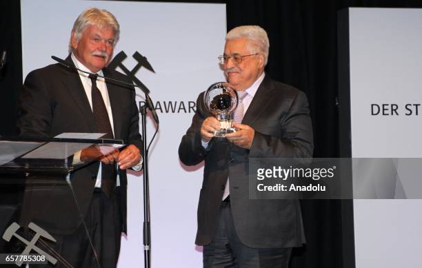 Palestinian President Mahmoud Abbas received 'hope of peace award from Journalist Dietmar Ossenberg during the 12th Steiger Award Ceremony in...