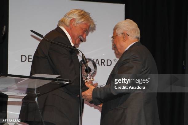 Palestinian President Mahmoud Abbas received 'hope of peace award from Journalist Dietmar Ossenberg during the 12th Steiger Award Ceremony in...