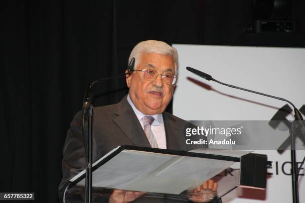 Palestinian President Mahmoud Abbas delivers a speech during the 12th Steiger Award Ceremony in Dortmund, Germany on March 25, 2017.