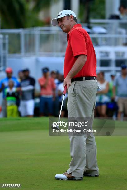 Bill Lunde reacts after missing his birdie putt on the 18th green during the third round of the Puerto Rico Open at Coco Beach on March 25, 2017 in...