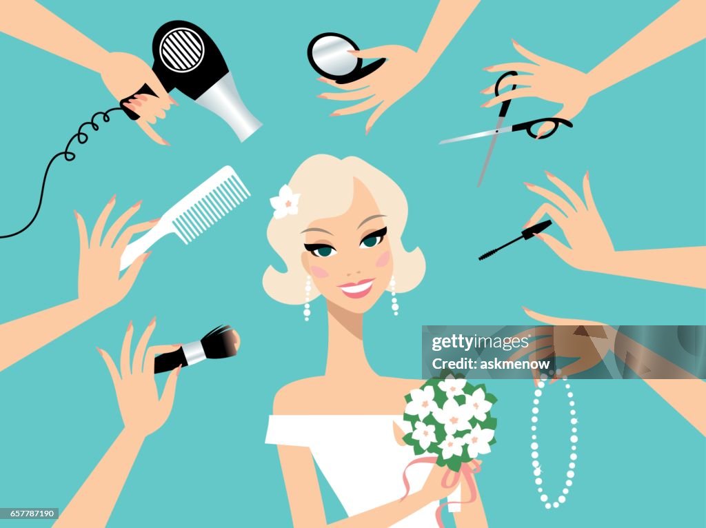 Feliz novia rubia en un salón de belleza
