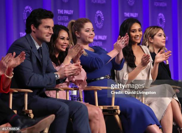 Actors Ian Harding, Janel Parrish, Sasha Pieterse, Shay Mitchell and Ashley Benson appear on stage at The Paley Center for Media's 34th Annual...