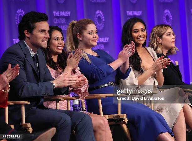 Actors Ian Harding, Janel Parrish, Sasha Pieterse, Shay Mitchell and Ashley Benson appear on stage at The Paley Center for Media's 34th Annual...