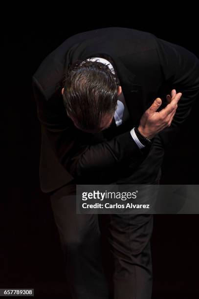 Spanish actor Antonio Banderas receives the honorary Gold Biznaga award during the 20th Malaga Film Festival at the Cervantes Teather on March 25,...