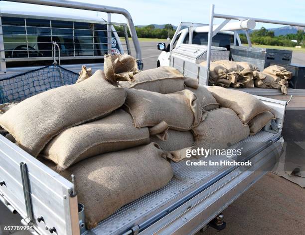 Sandbags are seen in the back of a ute in preparation for Cyclone Debbie on March 26, 2017 in Townsville, Australia. Cyclone Debbie has intensified...