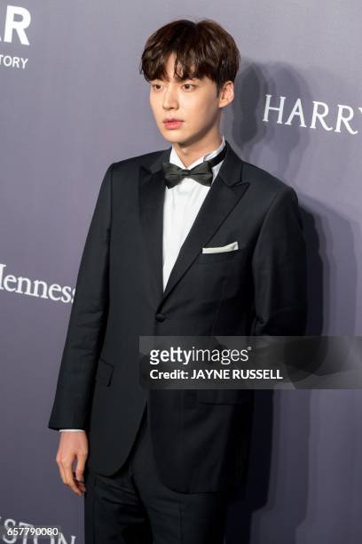 South Korean actor Park Seo-Joon poses on the red carpet during the 2017 American Foundation for AIDS Research Hong Kong gala at Shaw Studios in Hong...