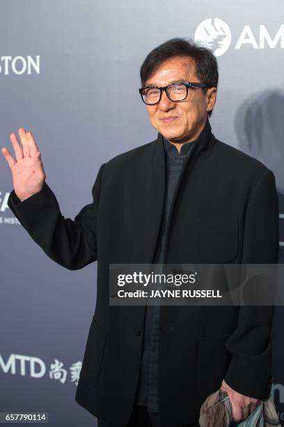 Actor Jackie Chan poses on the red carpet during the 2017 American Foundation for AIDS Research Hong Kong gala at Shaw Studios in Hong Kong on March...