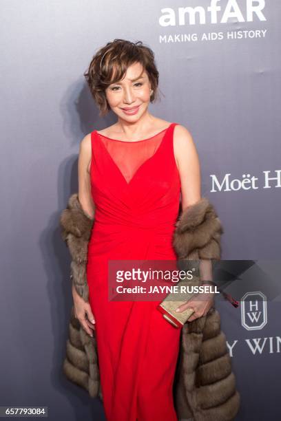 Olivia Lee-Davies poses on the red carpet during the 2017 American Foundation for AIDS Research Hong Kong gala at Shaw Studios in Hong Kong on March...