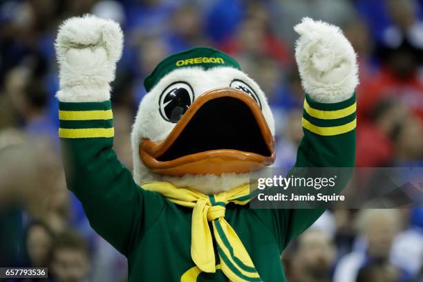 The Oregon Ducks mascot performs prior to the game against the Kansas Jayhawks during the 2017 NCAA Men's Basketball Tournament Midwest Regional at...