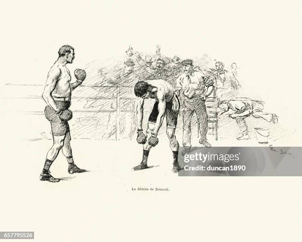 bildbanksillustrationer, clip art samt tecknat material och ikoner med boxing vs savate, match mellan driscoll och charlemont 1899 - boxhandske