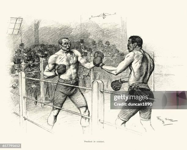 ilustraciones, imágenes clip art, dibujos animados e iconos de stock de boxeo vs savate, partido entre driscoll y charlemont 1899 - boxing