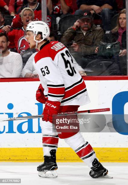 Jeff Skinner of the Carolina Hurricanes celebrates his goal in the third period against the New Jersey Devils on March 25, 2017 at Prudential Center...