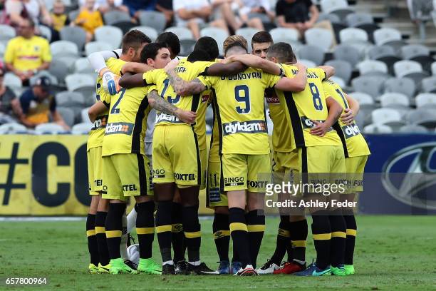 Mariners team line up during the round 24 A-League match between Central Coast Mariners and Adelaide United at Central Coast Stadium on March 25,...