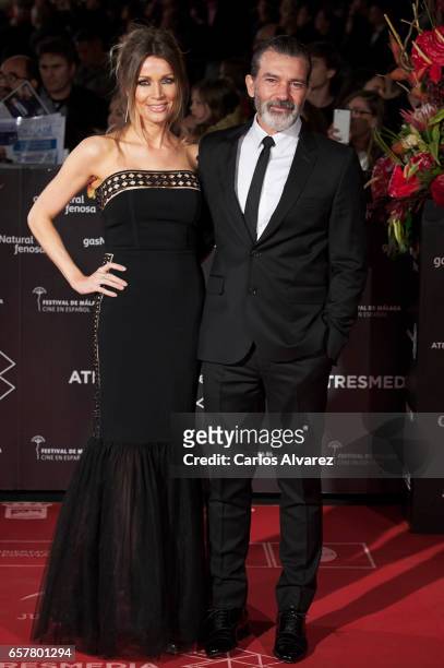 Antonio Banderas and Nicole Kimpel attend the 20th Malaga Film Festival closing ceremony at the Cervantes Teather on March 25, 2017 in Malaga, Spain.