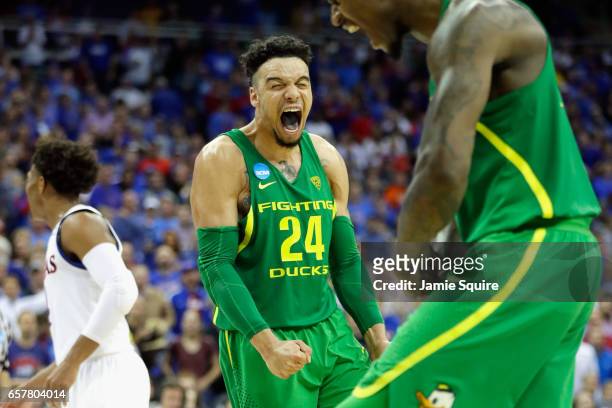 Dillon Brooks of the Oregon Ducks reacts in the second half against the Kansas Jayhawks during the 2017 NCAA Men's Basketball Tournament Midwest...