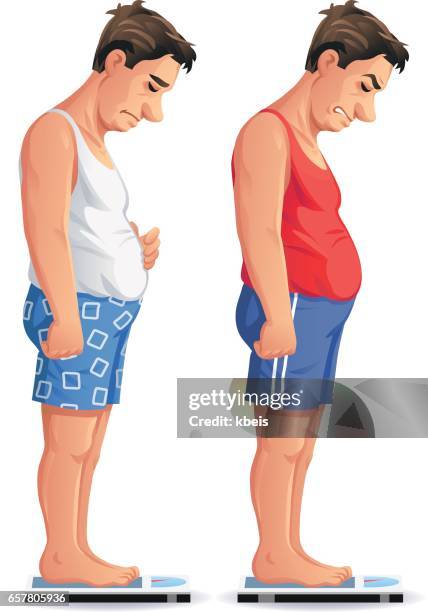 young man weighing himself on scale - bathroom scales stock illustrations