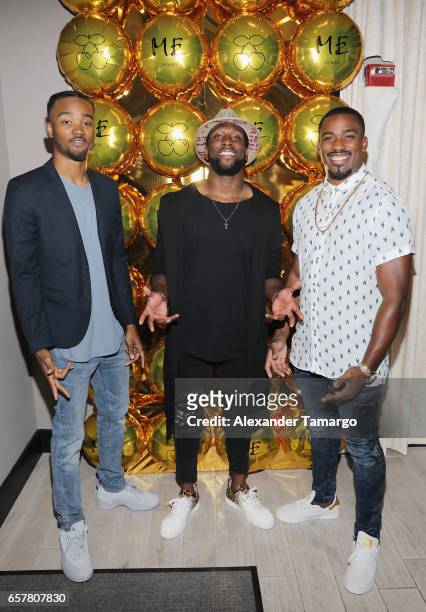 Guest, Akeem Hunt and Raheem Mostert pose at the ME Miami Launch Party With Urban Junkies, Pacha Ibiza And Cafe Mambo Ibiza - Day 2 at ME Miami Hotel...