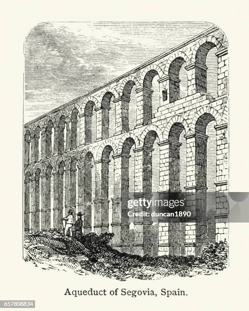 ancient roman aqueduct of segovia, spain, 19th century - segovia stock illustrations