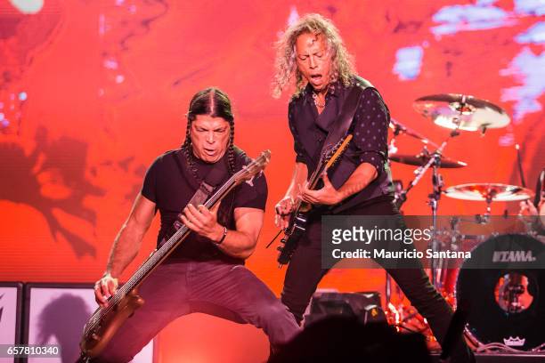 Robert Trujillo and Kirk Hammett of the band Metallica perform live on stage at Autodromo de Interlagos on March 25, 2017 in Sao Paulo, Brazil.