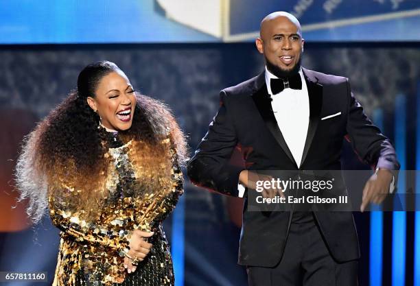Co-hosts Erica Campbell and Anthony Brown speak onstage during the 32nd annual Stellar Gospel Music Awards at the Orleans Arena on March 25, 2017 in...