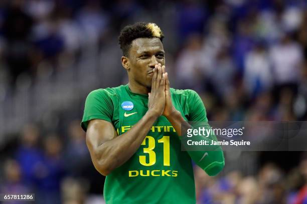 Dylan Ennis of the Oregon Ducks reacts in the second half against the Kansas Jayhawks during the 2017 NCAA Men's Basketball Tournament Midwest...