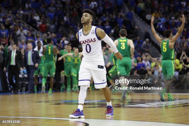 Frank Mason III of the Kansas Jayhawks reacts after being defeated by the Oregon Ducks 74-60 during the 2017 NCAA Men's Basketball Tournament Midwest...