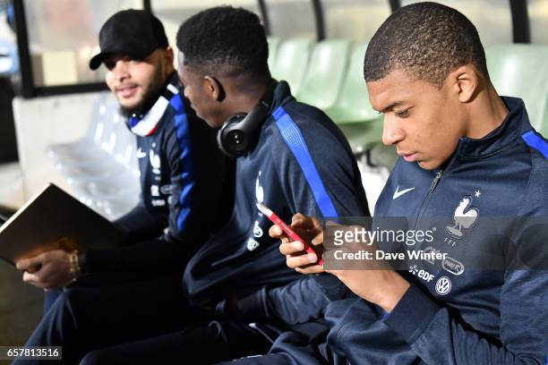 Kylian Mbappe, Ousmane Dembele and Layvin Kurzawa of France during the FIFA World Cup 2018 qualifying match between Luxembourg and France on March...