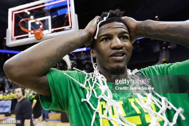 Jordan Bell of the Oregon Ducks reacts after defeating the Kansas Jayhawks 74-60 during the 2017 NCAA Men's Basketball Tournament Midwest Regional at...